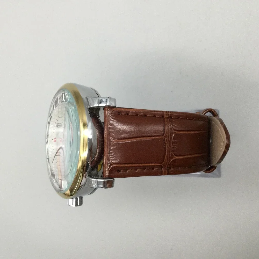 Winner Mens Watch 44mm Silver Tone 24 Hour Automatic Date Brown Leather TM142